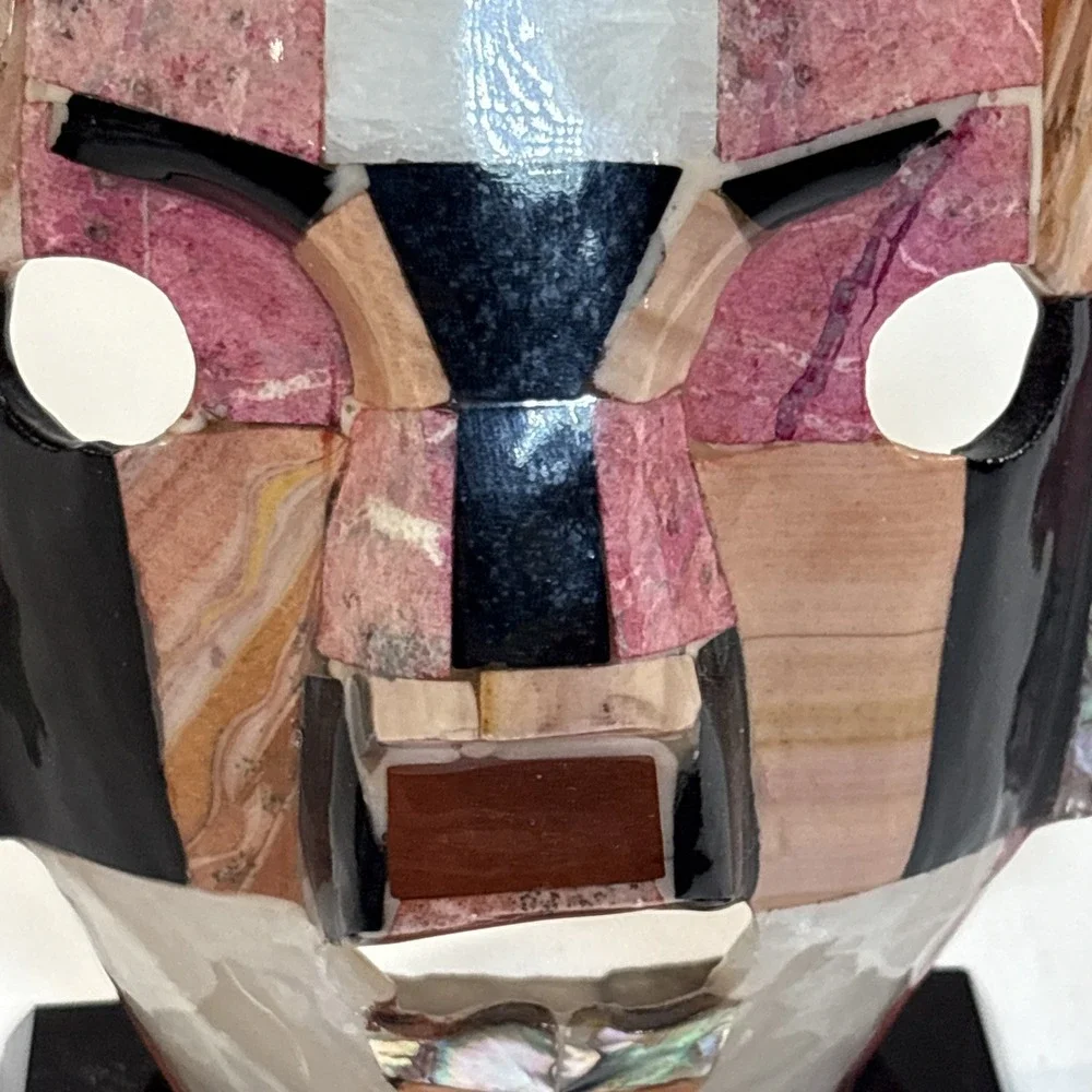 Vintage Mexican Aztec/Mayan Stone Burial Death Mask Onyx Abalone 8